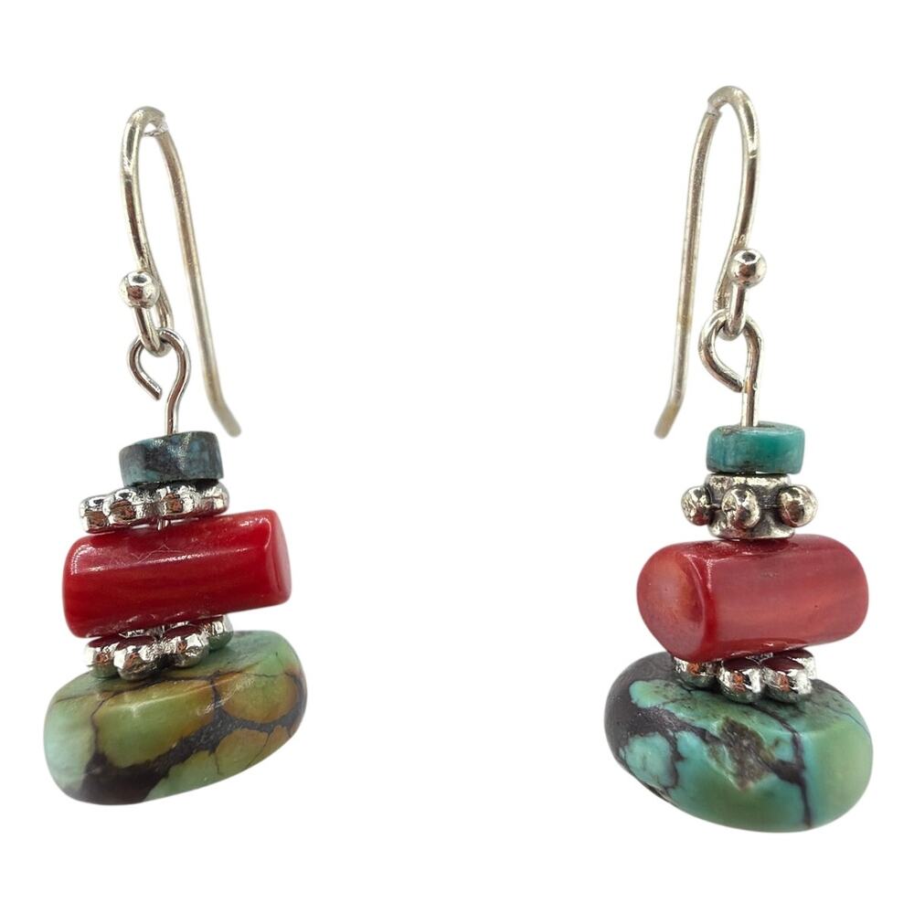NEW Artisan Handcrafted Turquoise and Sea Bamboo Silver Bead Dangle Earrings